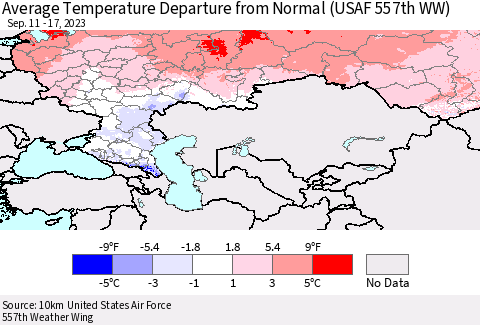 Russian Federation Average Temperature Departure from Normal (USAF 557th WW) Thematic Map For 9/11/2023 - 9/17/2023