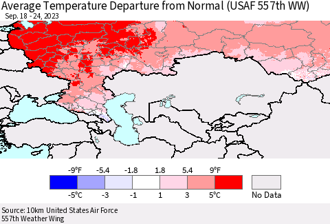 Russian Federation Average Temperature Departure from Normal (USAF 557th WW) Thematic Map For 9/18/2023 - 9/24/2023