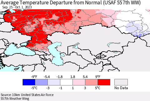 Russian Federation Average Temperature Departure from Normal (USAF 557th WW) Thematic Map For 9/25/2023 - 10/1/2023