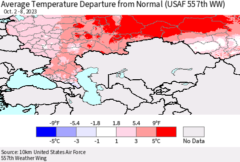 Russian Federation Average Temperature Departure from Normal (USAF 557th WW) Thematic Map For 10/2/2023 - 10/8/2023
