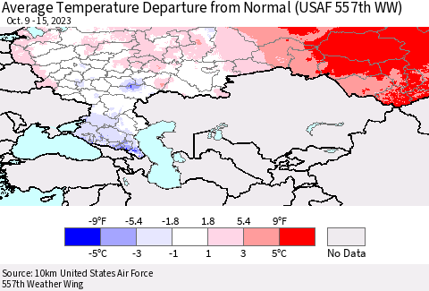 Russian Federation Average Temperature Departure from Normal (USAF 557th WW) Thematic Map For 10/9/2023 - 10/15/2023
