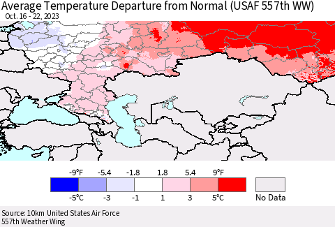Russian Federation Average Temperature Departure from Normal (USAF 557th WW) Thematic Map For 10/16/2023 - 10/22/2023