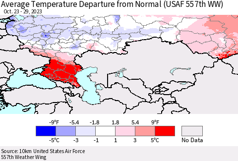 Russian Federation Average Temperature Departure from Normal (USAF 557th WW) Thematic Map For 10/23/2023 - 10/29/2023