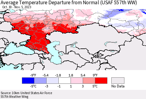 Russian Federation Average Temperature Departure from Normal (USAF 557th WW) Thematic Map For 10/30/2023 - 11/5/2023