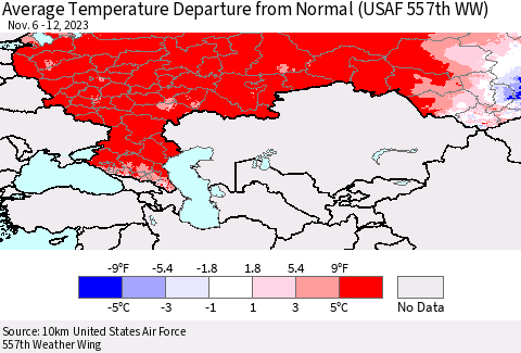 Russian Federation Average Temperature Departure from Normal (USAF 557th WW) Thematic Map For 11/6/2023 - 11/12/2023