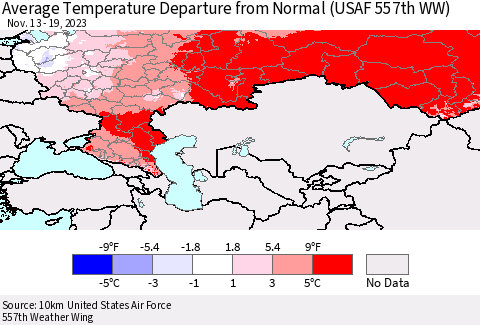 Russian Federation Average Temperature Departure from Normal (USAF 557th WW) Thematic Map For 11/13/2023 - 11/19/2023