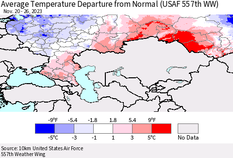 Russian Federation Average Temperature Departure from Normal (USAF 557th WW) Thematic Map For 11/20/2023 - 11/26/2023