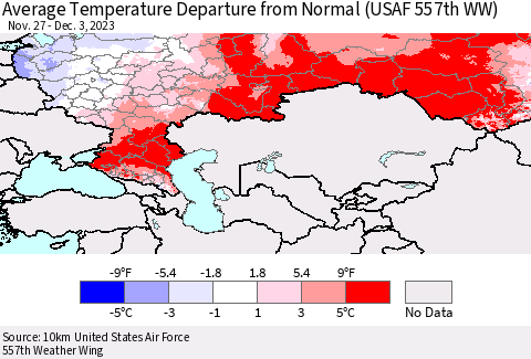 Russian Federation Average Temperature Departure from Normal (USAF 557th WW) Thematic Map For 11/27/2023 - 12/3/2023