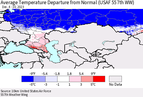 Russian Federation Average Temperature Departure from Normal (USAF 557th WW) Thematic Map For 12/4/2023 - 12/10/2023