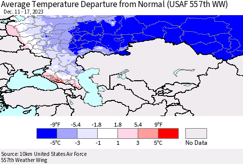 Russian Federation Average Temperature Departure from Normal (USAF 557th WW) Thematic Map For 12/11/2023 - 12/17/2023