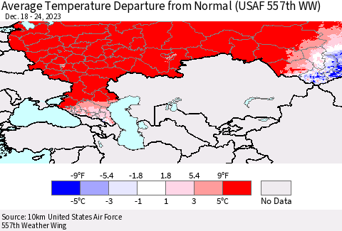 Russian Federation Average Temperature Departure from Normal (USAF 557th WW) Thematic Map For 12/18/2023 - 12/24/2023