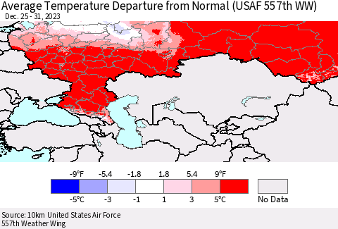 Russian Federation Average Temperature Departure from Normal (USAF 557th WW) Thematic Map For 12/25/2023 - 12/31/2023
