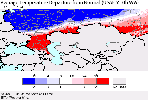 Russian Federation Average Temperature Departure from Normal (USAF 557th WW) Thematic Map For 1/1/2024 - 1/7/2024