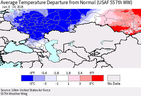 Russian Federation Average Temperature Departure from Normal (USAF 557th WW) Thematic Map For 1/8/2024 - 1/14/2024