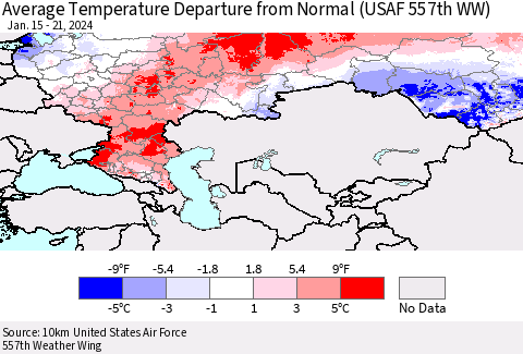 Russian Federation Average Temperature Departure from Normal (USAF 557th WW) Thematic Map For 1/15/2024 - 1/21/2024