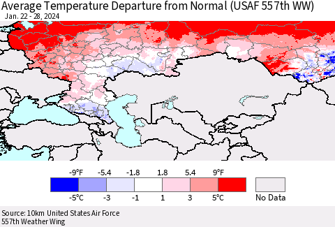 Russian Federation Average Temperature Departure from Normal (USAF 557th WW) Thematic Map For 1/22/2024 - 1/28/2024