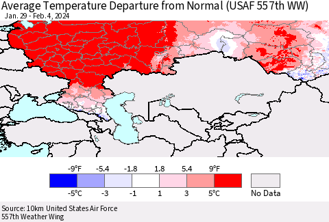 Russian Federation Average Temperature Departure from Normal (USAF 557th WW) Thematic Map For 1/29/2024 - 2/4/2024
