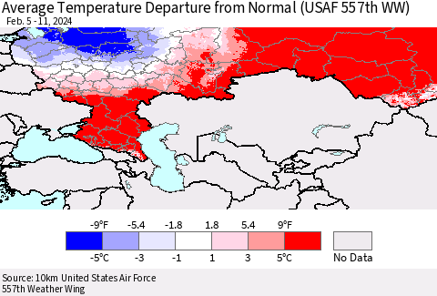 Russian Federation Average Temperature Departure from Normal (USAF 557th WW) Thematic Map For 2/5/2024 - 2/11/2024