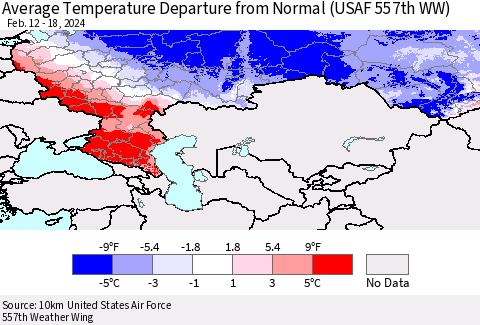 Russian Federation Average Temperature Departure from Normal (USAF 557th WW) Thematic Map For 2/12/2024 - 2/18/2024