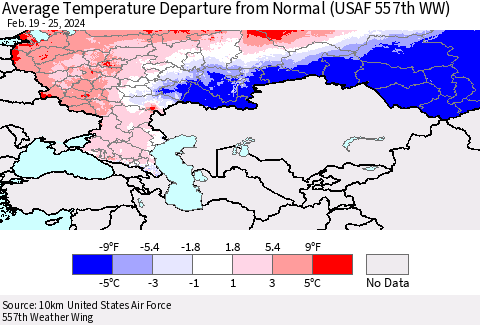 Russian Federation Average Temperature Departure from Normal (USAF 557th WW) Thematic Map For 2/19/2024 - 2/25/2024