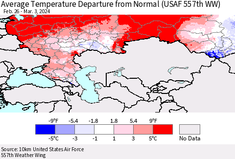 Russian Federation Average Temperature Departure from Normal (USAF 557th WW) Thematic Map For 2/26/2024 - 3/3/2024