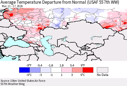 Russian Federation Average Temperature Departure from Normal (USAF 557th WW) Thematic Map For 3/11/2024 - 3/17/2024