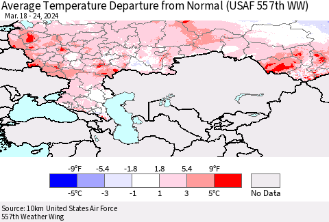 Russian Federation Average Temperature Departure from Normal (USAF 557th WW) Thematic Map For 3/18/2024 - 3/24/2024