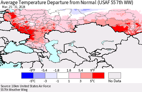 Russian Federation Average Temperature Departure from Normal (USAF 557th WW) Thematic Map For 3/25/2024 - 3/31/2024