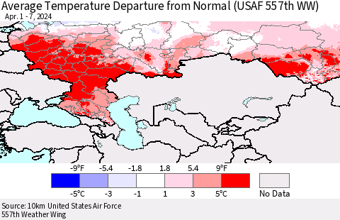 Russian Federation Average Temperature Departure from Normal (USAF 557th WW) Thematic Map For 4/1/2024 - 4/7/2024