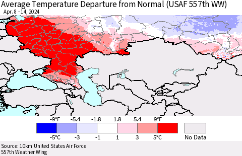 Russian Federation Average Temperature Departure from Normal (USAF 557th WW) Thematic Map For 4/8/2024 - 4/14/2024