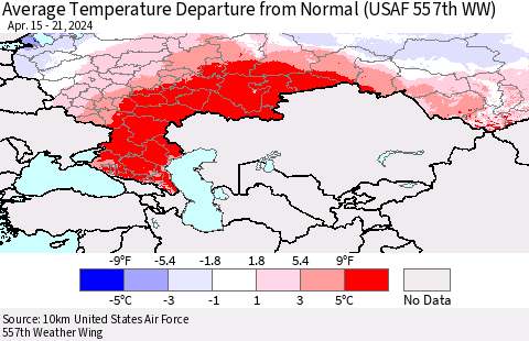 Russian Federation Average Temperature Departure from Normal (USAF 557th WW) Thematic Map For 4/15/2024 - 4/21/2024