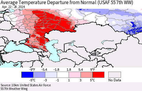 Russian Federation Average Temperature Departure from Normal (USAF 557th WW) Thematic Map For 4/22/2024 - 4/28/2024