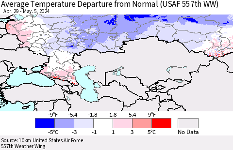 Russian Federation Average Temperature Departure from Normal (USAF 557th WW) Thematic Map For 4/29/2024 - 5/5/2024