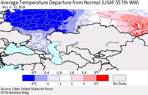 Russian Federation Average Temperature Departure from Normal (USAF 557th WW) Thematic Map For 5/6/2024 - 5/12/2024