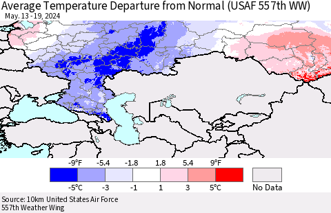 Russian Federation Average Temperature Departure from Normal (USAF 557th WW) Thematic Map For 5/13/2024 - 5/19/2024