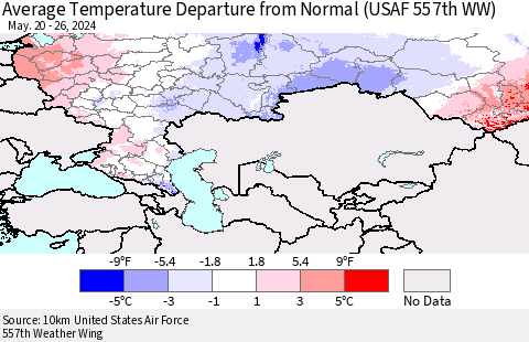 Russian Federation Average Temperature Departure from Normal (USAF 557th WW) Thematic Map For 5/20/2024 - 5/26/2024