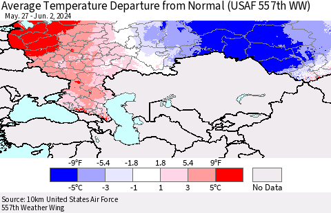 Russian Federation Average Temperature Departure from Normal (USAF 557th WW) Thematic Map For 5/27/2024 - 6/2/2024