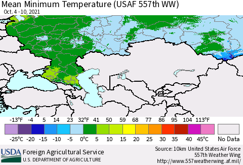 Russian Federation Mean Minimum Temperature (USAF 557th WW) Thematic Map For 10/4/2021 - 10/10/2021