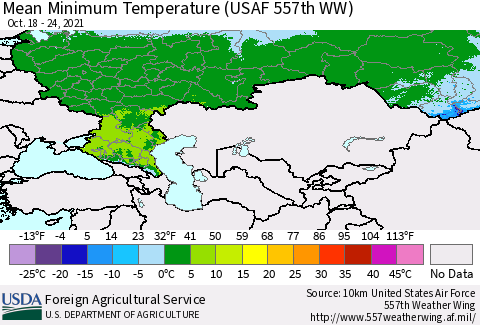 Russian Federation Mean Minimum Temperature (USAF 557th WW) Thematic Map For 10/18/2021 - 10/24/2021