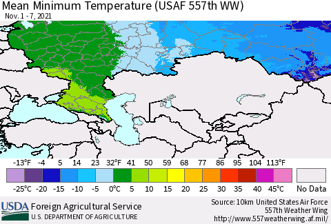 Russian Federation Mean Minimum Temperature (USAF 557th WW) Thematic Map For 11/1/2021 - 11/7/2021