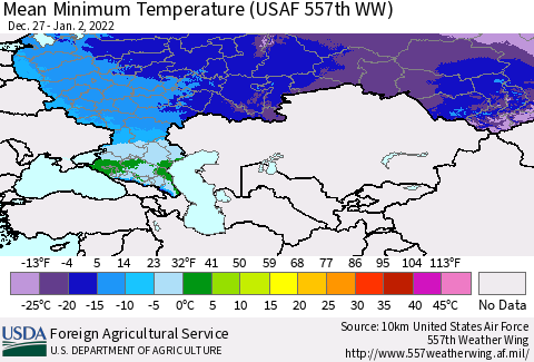 Russian Federation Mean Minimum Temperature (USAF 557th WW) Thematic Map For 12/27/2021 - 1/2/2022