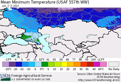 Russian Federation Mean Minimum Temperature (USAF 557th WW) Thematic Map For 1/3/2022 - 1/9/2022