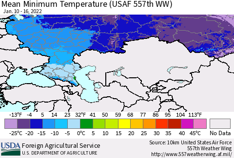 Russian Federation Mean Minimum Temperature (USAF 557th WW) Thematic Map For 1/10/2022 - 1/16/2022