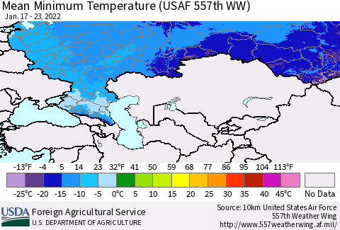 Russian Federation Mean Minimum Temperature (USAF 557th WW) Thematic Map For 1/17/2022 - 1/23/2022