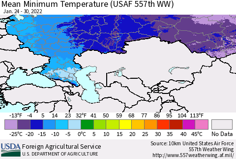 Russian Federation Mean Minimum Temperature (USAF 557th WW) Thematic Map For 1/24/2022 - 1/30/2022