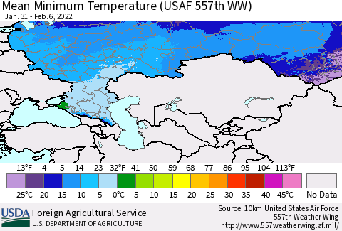 Russian Federation Mean Minimum Temperature (USAF 557th WW) Thematic Map For 1/31/2022 - 2/6/2022