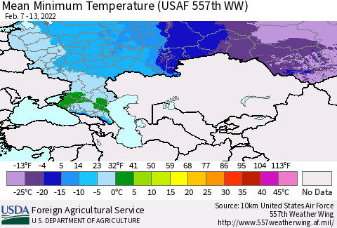 Russian Federation Mean Minimum Temperature (USAF 557th WW) Thematic Map For 2/7/2022 - 2/13/2022