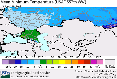 Russian Federation Mean Minimum Temperature (USAF 557th WW) Thematic Map For 2/21/2022 - 2/27/2022