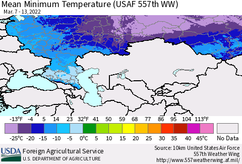 Russian Federation Mean Minimum Temperature (USAF 557th WW) Thematic Map For 3/7/2022 - 3/13/2022