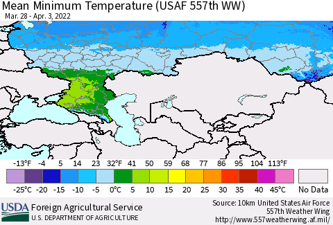 Russian Federation Mean Minimum Temperature (USAF 557th WW) Thematic Map For 3/28/2022 - 4/3/2022